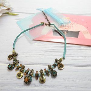 Blue Leather Charm Necklace Shell Copper Artisn